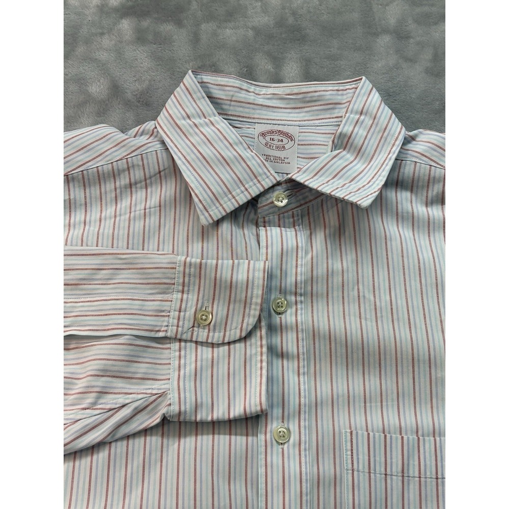 Brooks Brothers Shirt Mens 16-34 Blue Striped Traditional Fit Non Iron Cotton